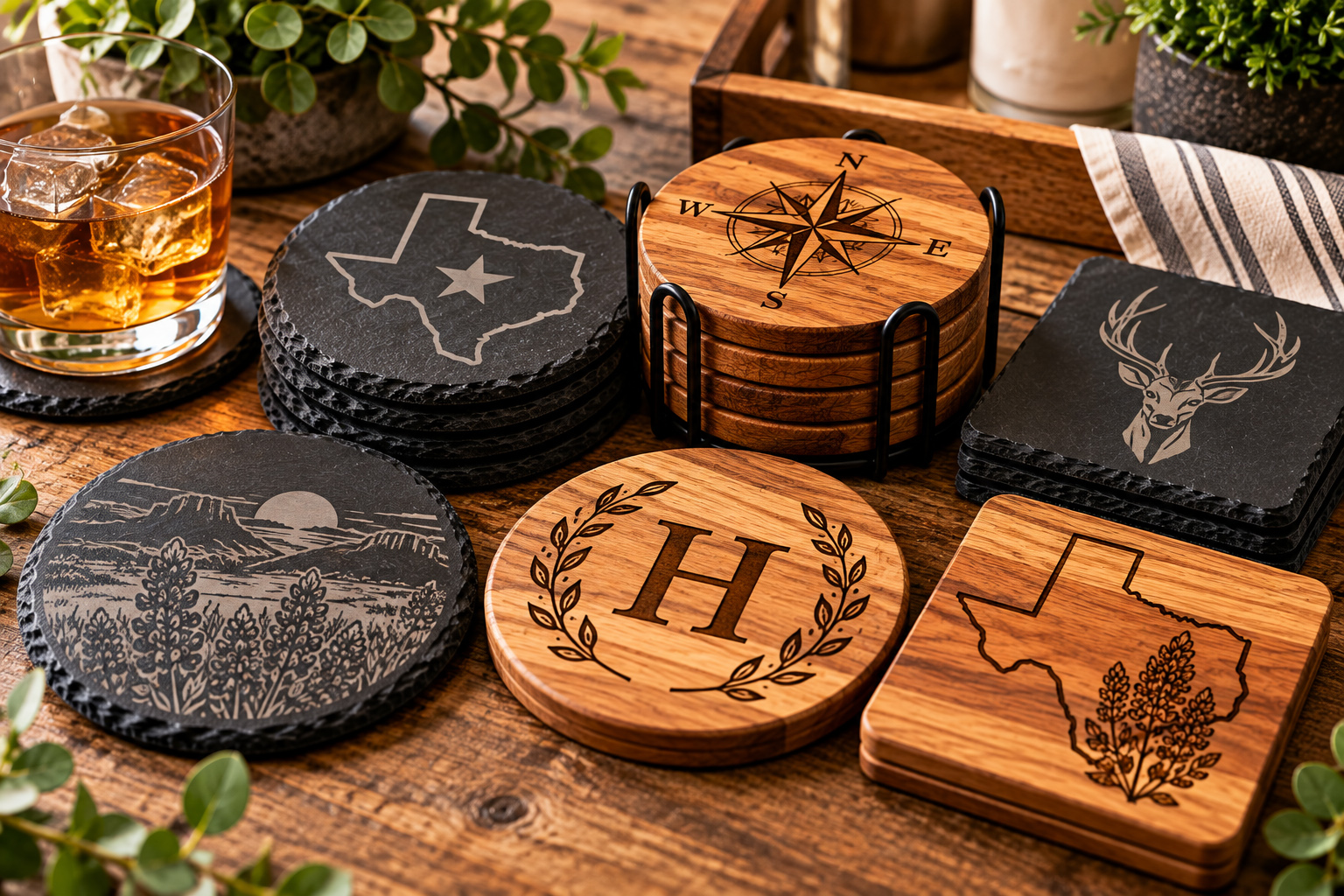 Custom engraved slate and wooden coasters
